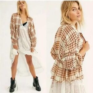 Free People Pacific Dawn Plaid shirt peach combo Women's Size Small NEW